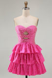 Spakly Fuchsia Sweetheart Keyhole Tiered Beaded Short Homecoming Dress