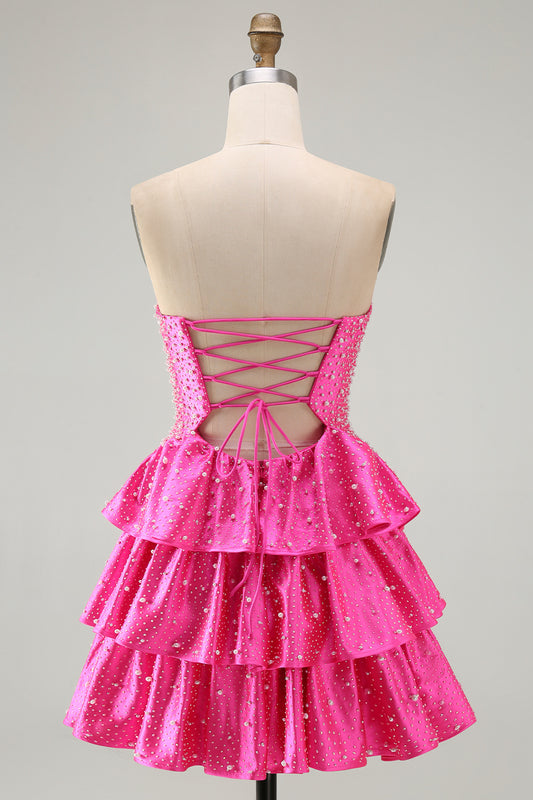 Spakly Fuchsia Sweetheart Keyhole Tiered Beaded Short Homecoming Dress