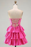 Spakly Fuchsia Sweetheart Keyhole Tiered Beaded Short Homecoming Dress