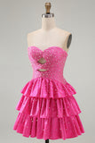 Spakly Fuchsia Sweetheart Keyhole Tiered Beaded Short Homecoming Dress