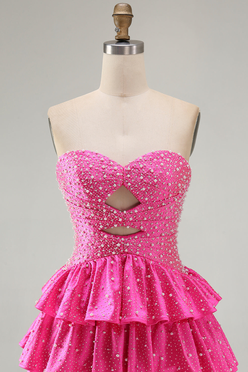 Spakly Fuchsia Sweetheart Keyhole Tiered Beaded Short Homecoming Dress