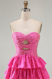 Spakly Fuchsia Sweetheart Keyhole Tiered Beaded Short Homecoming Dress