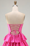 Spakly Fuchsia Sweetheart Keyhole Tiered Beaded Short Homecoming Dress