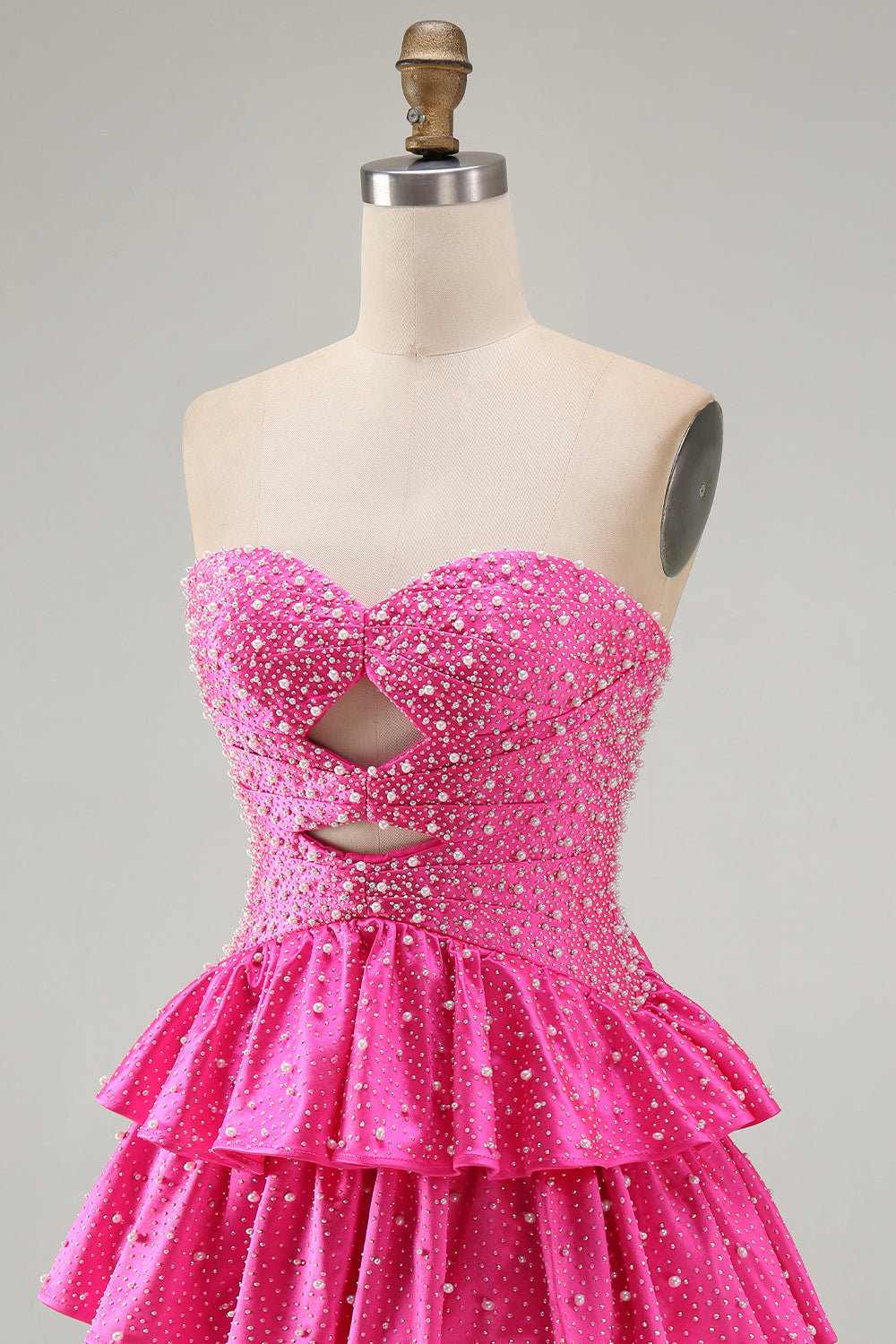 Spakly Fuchsia Sweetheart Keyhole Tiered Beaded Short Homecoming Dress