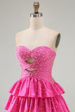 Spakly Fuchsia Sweetheart Keyhole Tiered Beaded Short Homecoming Dress