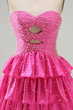 Spakly Fuchsia Sweetheart Keyhole Tiered Beaded Short Homecoming Dress