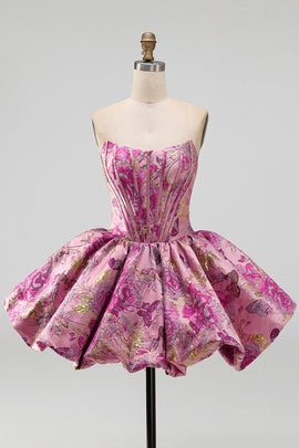 Red Flower Jacquard Strapless Bubble Short Corset Homecoming Dress