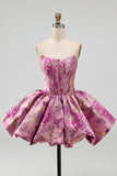 Red Flower Jacquard Strapless Bubble Short Corset Homecoming Dress