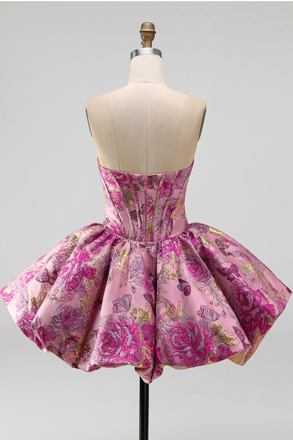 Red Flower Jacquard Strapless Bubble Short Corset Homecoming Dress