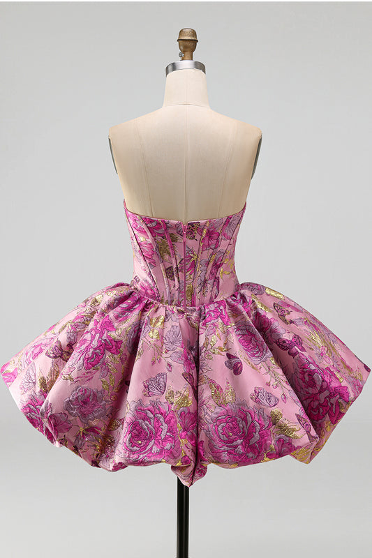 Red Flower Jacquard Strapless Bubble Short Corset Homecoming Dress