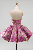 Red Flower Jacquard Strapless Bubble Short Corset Homecoming Dress