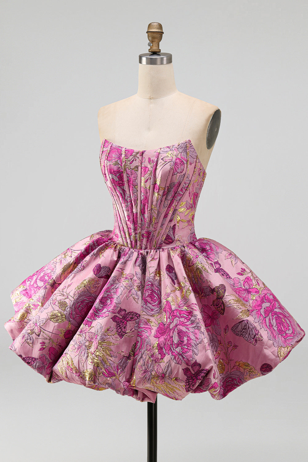 Red Flower Jacquard Strapless Bubble Short Corset Homecoming Dress