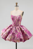 Red Flower Jacquard Strapless Bubble Short Corset Homecoming Dress