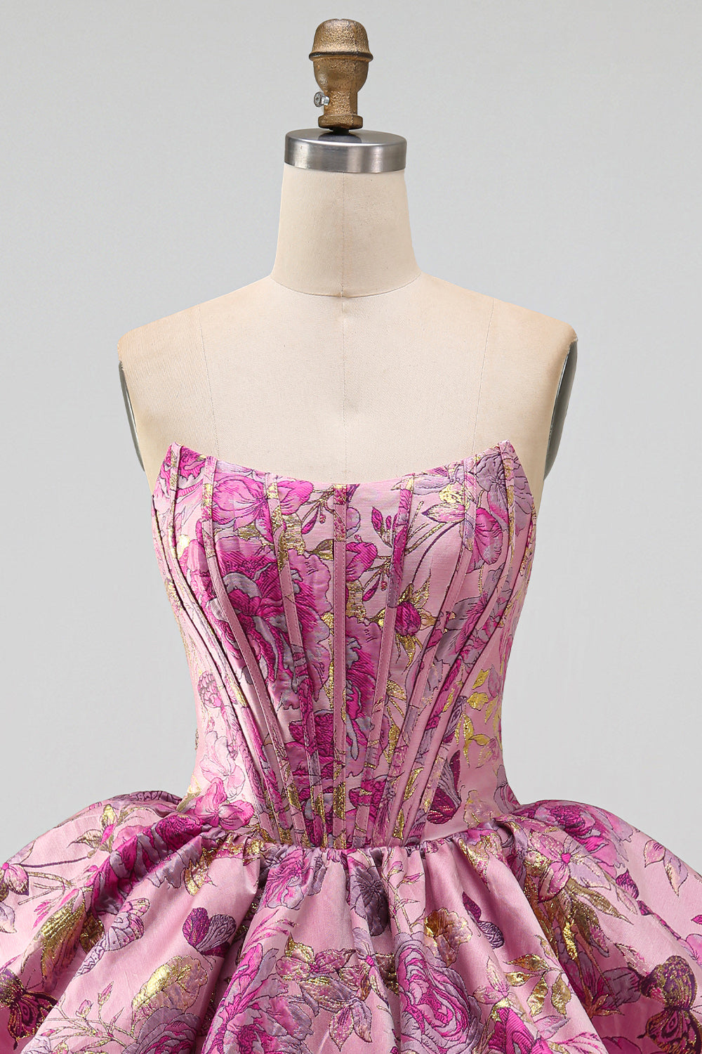 Red Flower Jacquard Strapless Bubble Short Corset Homecoming Dress