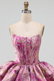 Red Flower Jacquard Strapless Bubble Short Corset Homecoming Dress