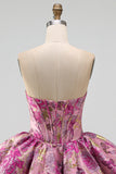 Red Flower Jacquard Strapless Bubble Short Corset Homecoming Dress