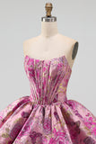 Red Flower Jacquard Strapless Bubble Short Corset Homecoming Dress