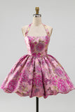 Red Flower Jacquard Halter A Line Bubble Short Homecoming Dress