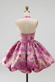 Red Flower Jacquard Halter A Line Bubble Short Homecoming Dress
