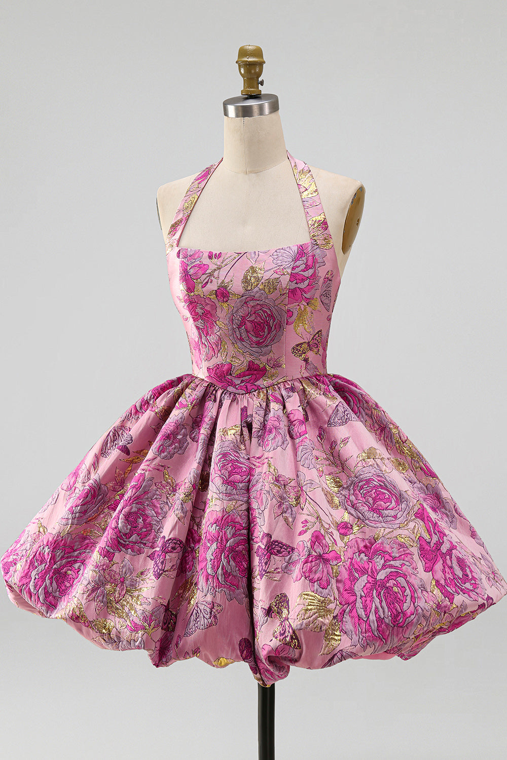 Red Flower Jacquard Halter A Line Bubble Short Homecoming Dress