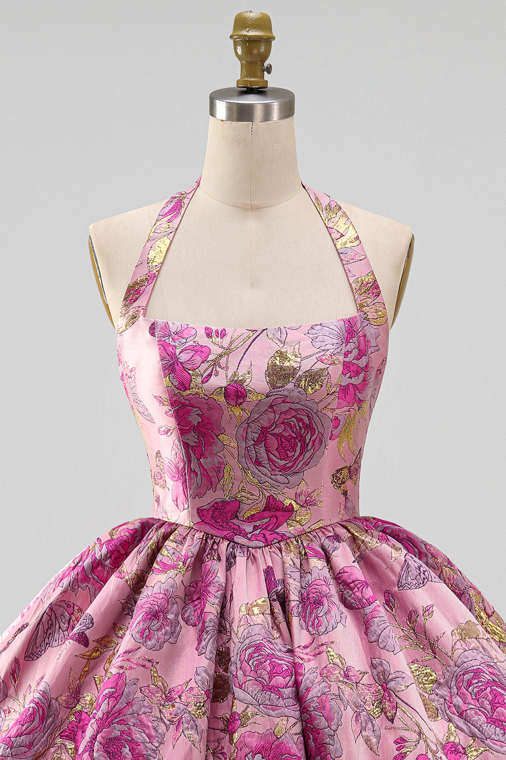 Red Flower Jacquard Halter A Line Bubble Short Homecoming Dress