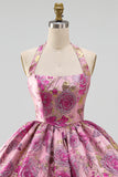 Red Flower Jacquard Halter A Line Bubble Short Homecoming Dress