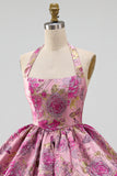 Red Flower Jacquard Halter A Line Bubble Short Homecoming Dress