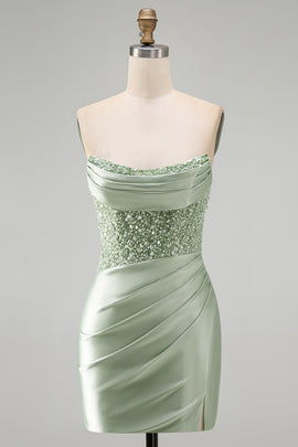 Sparkly Dusty Green Satin Sequins Tight Ruched Short Homecoming Dress