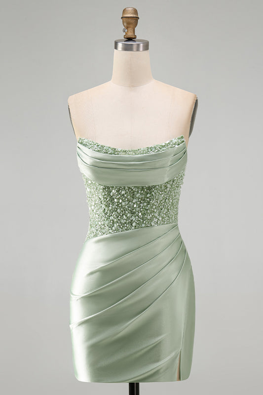 Sparkly Dusty Green Satin Sequins Tight Ruched Short Homecoming Dress
