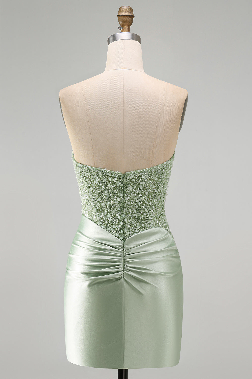 Sparkly Dusty Green Satin Sequins Tight Ruched Short Homecoming Dress