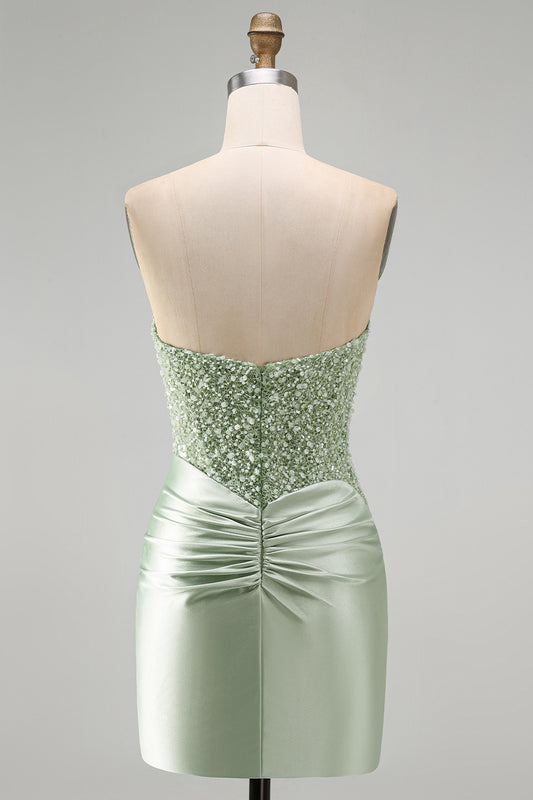 Sparkly Dusty Green Satin Sequins Tight Ruched Short Homecoming Dress
