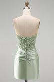 Sparkly Dusty Green Satin Sequins Tight Ruched Short Homecoming Dress