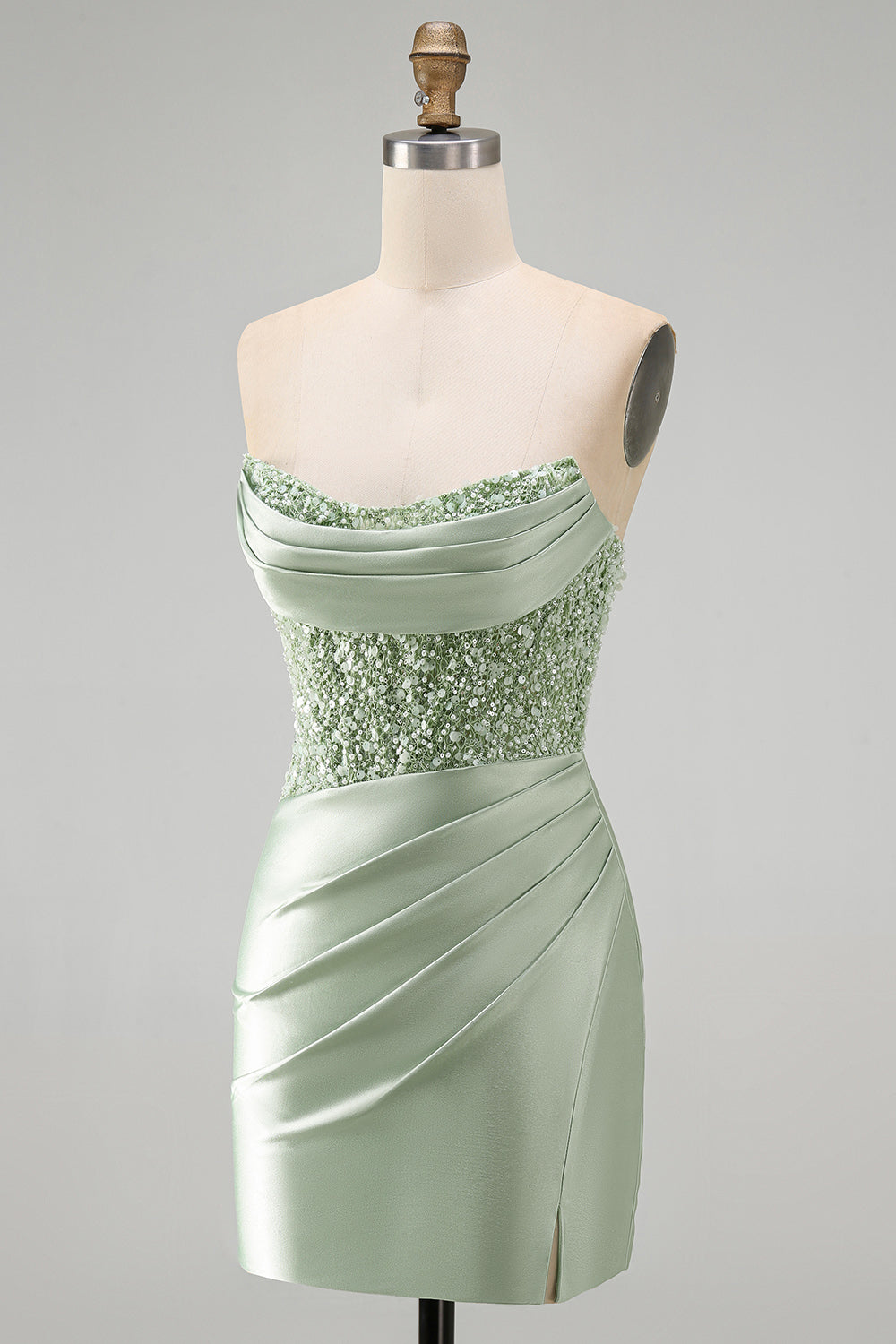 Sparkly Dusty Green Satin Sequins Tight Ruched Short Homecoming Dress