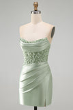 Sparkly Dusty Green Satin Sequins Tight Ruched Short Homecoming Dress