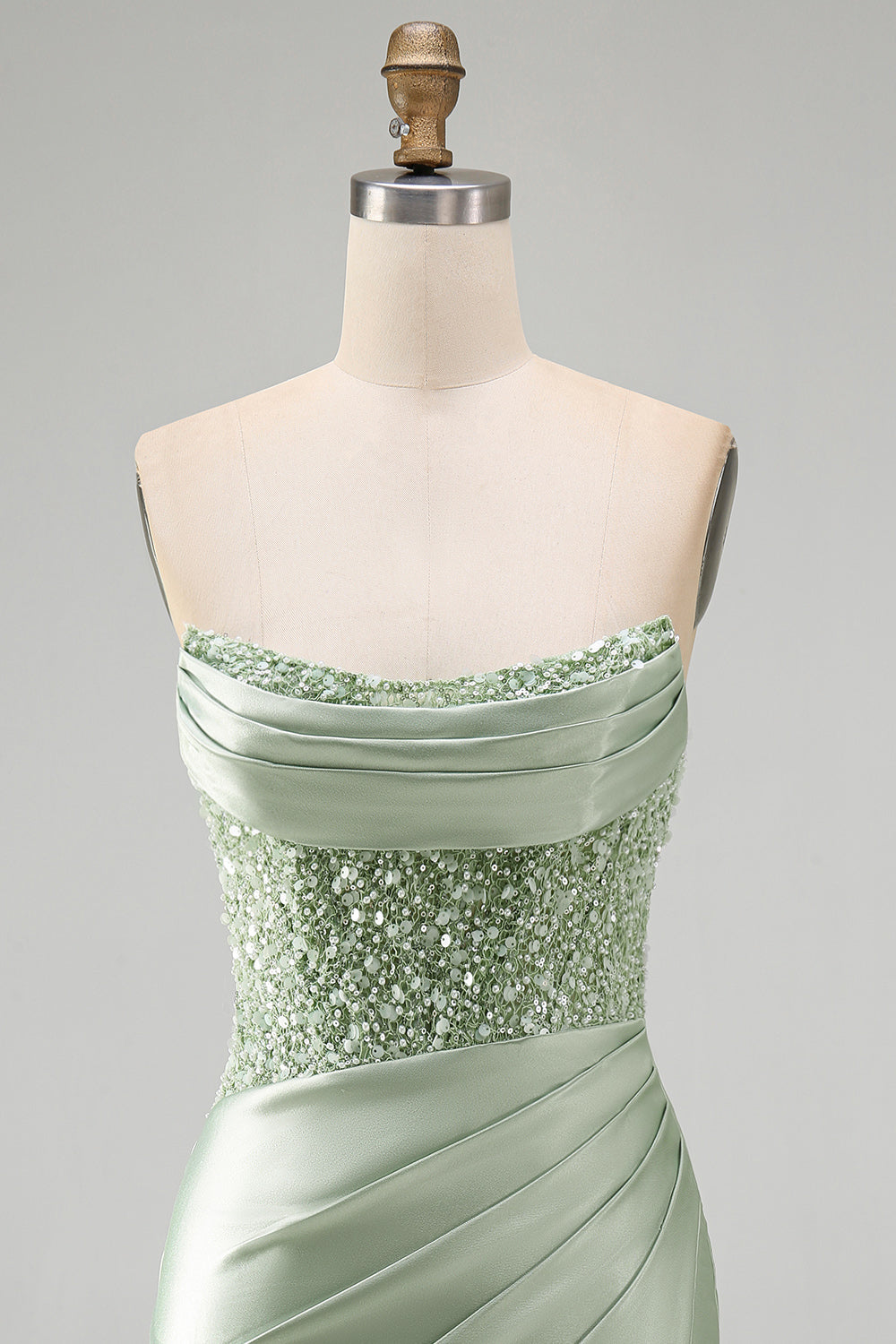 Sparkly Dusty Green Satin Sequins Tight Ruched Short Homecoming Dress
