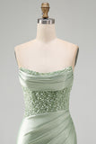 Sparkly Dusty Green Satin Sequins Tight Ruched Short Homecoming Dress