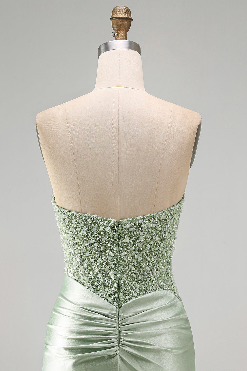 Sparkly Dusty Green Satin Sequins Tight Ruched Short Homecoming Dress