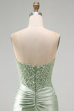 Sparkly Dusty Green Satin Sequins Tight Ruched Short Homecoming Dress