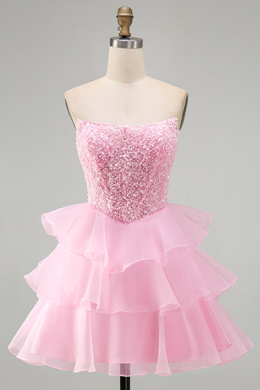 Pink Strapless Corset Tiered Ruffled Short Homecoming Dress with Pearls