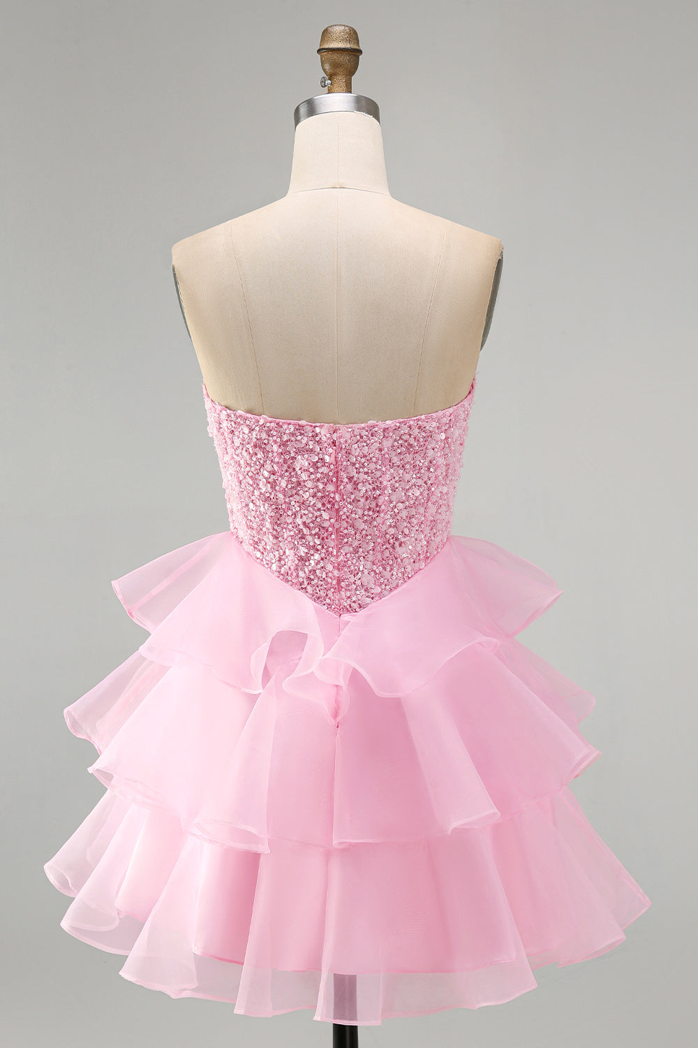 Pink Strapless Corset Tiered Ruffled Short Homecoming Dress with Pearls
