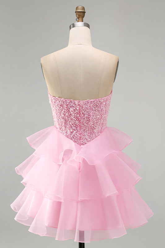 Pink Strapless Corset Tiered Ruffled Short Homecoming Dress with Pearls