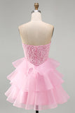 Pink Strapless Corset Tiered Ruffled Short Homecoming Dress with Pearls