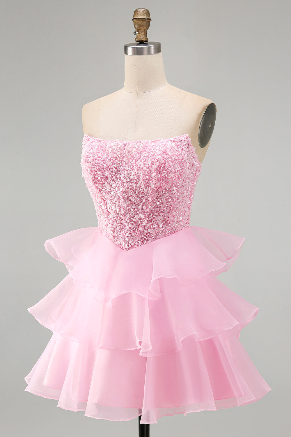 Pink Strapless Corset Tiered Ruffled Short Homecoming Dress with Pearls