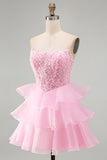 Pink Strapless Corset Tiered Ruffled Short Homecoming Dress with Pearls