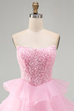 Pink Strapless Corset Tiered Ruffled Short Homecoming Dress with Pearls