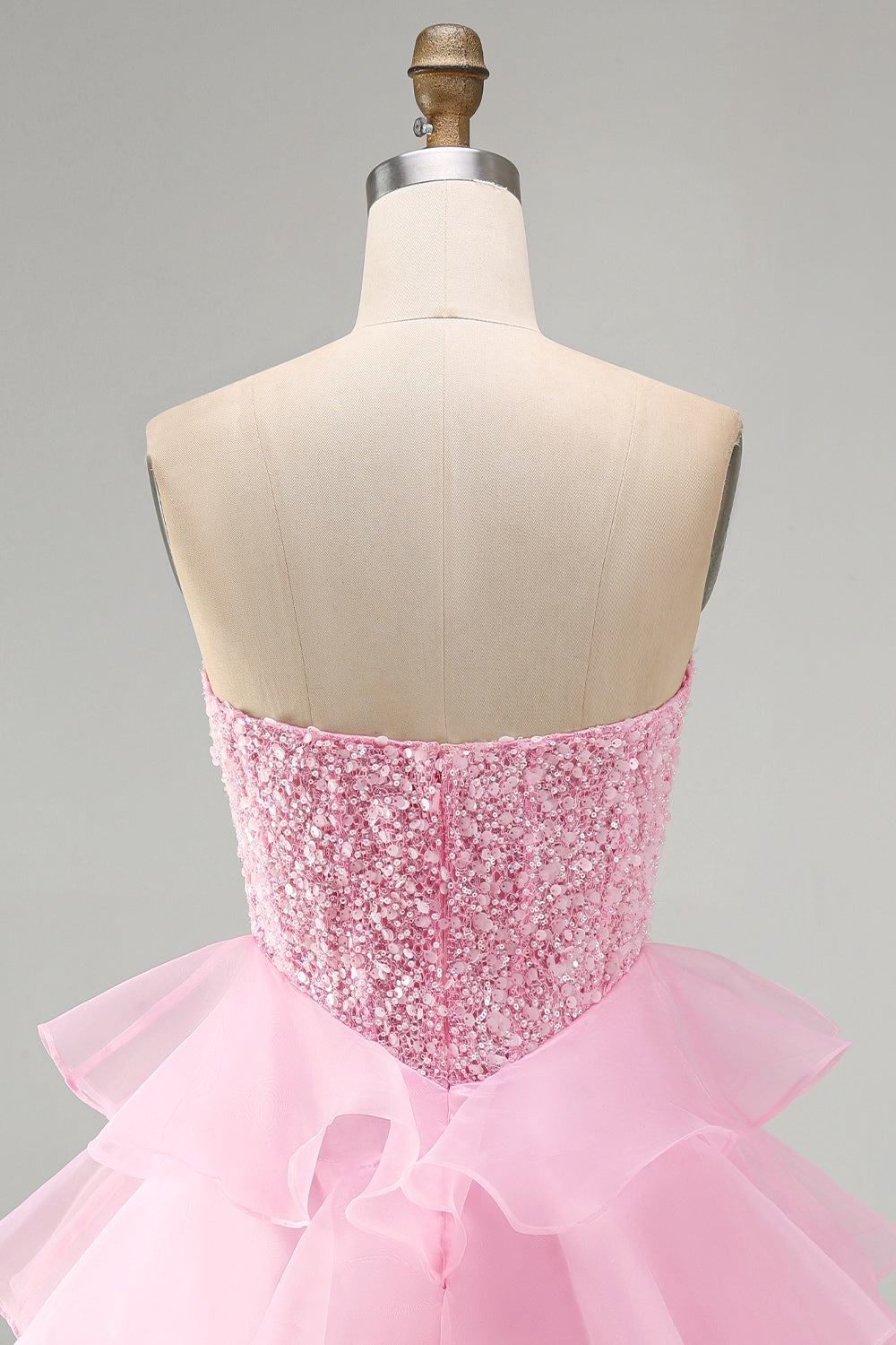 Pink Strapless Corset Tiered Ruffled Short Homecoming Dress with Pearls