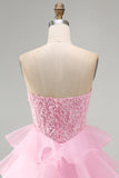 Pink Strapless Corset Tiered Ruffled Short Homecoming Dress with Pearls
