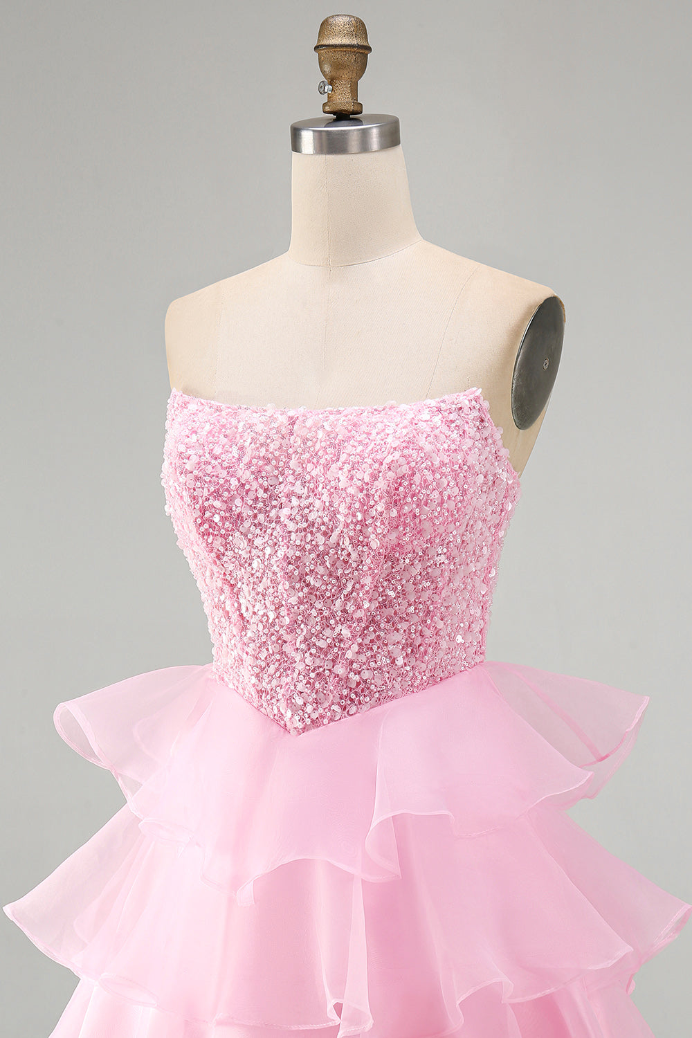 Pink Strapless Corset Tiered Ruffled Short Homecoming Dress with Pearls