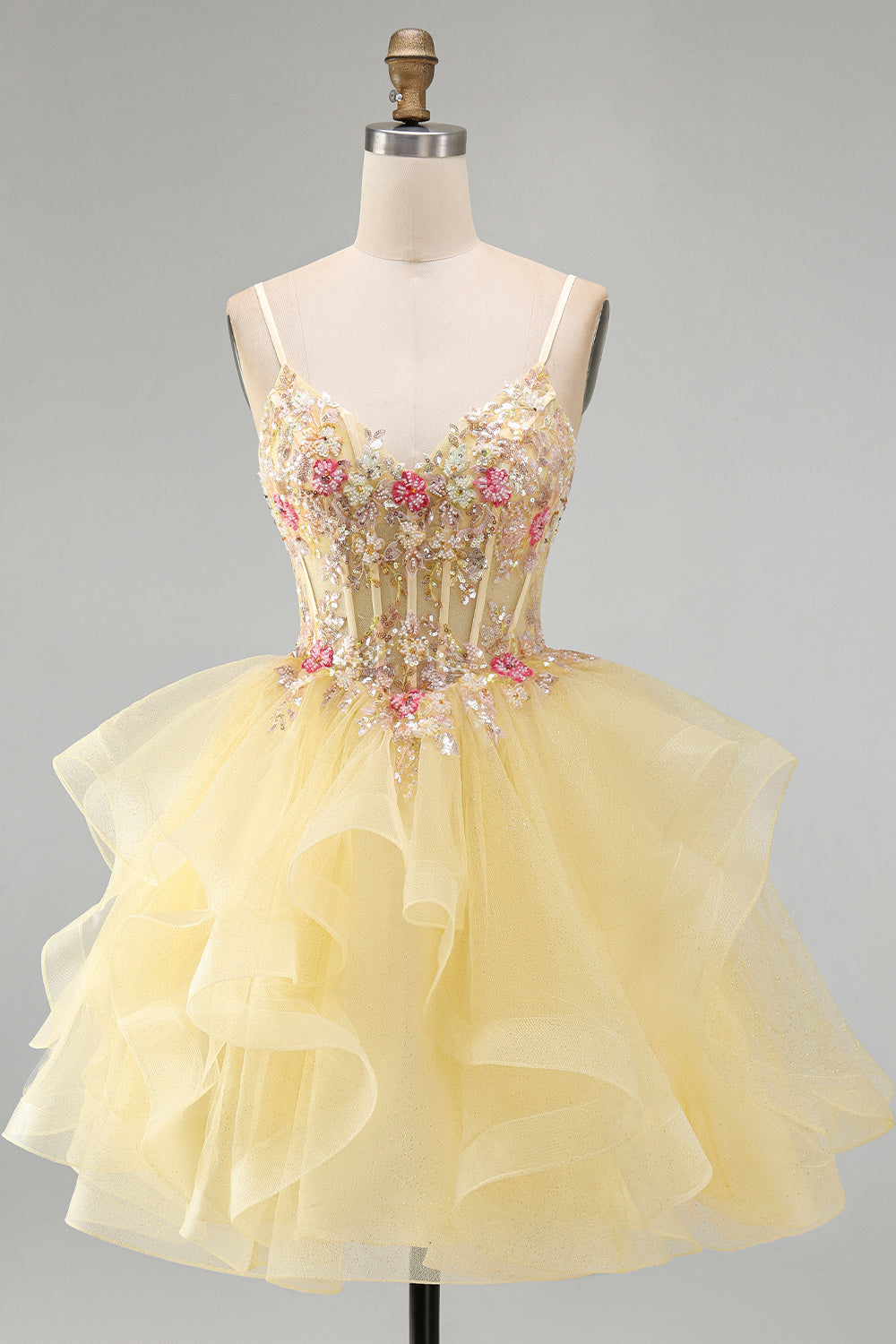 Floral Beaded Yellow V-Neck Ruffled Short Corset Homecoming Dress