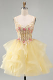 Floral Beaded Yellow V-Neck Ruffled Short Corset Homecoming Dress